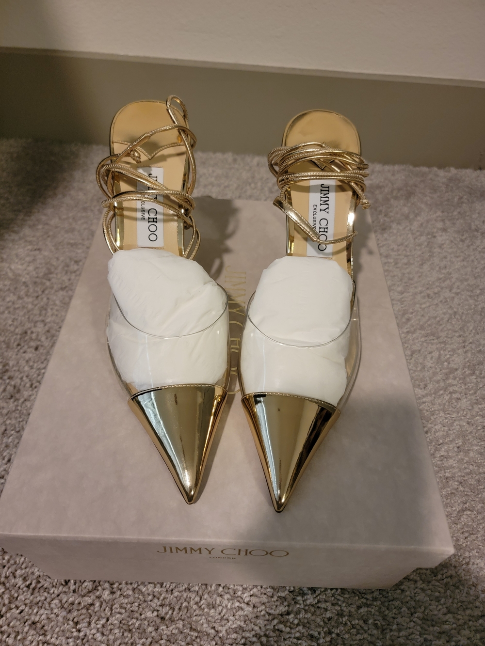 Jimmy Choo Farley Gold Pointed Toe Clear Lace-Up Pumps - Picture 5 of 7